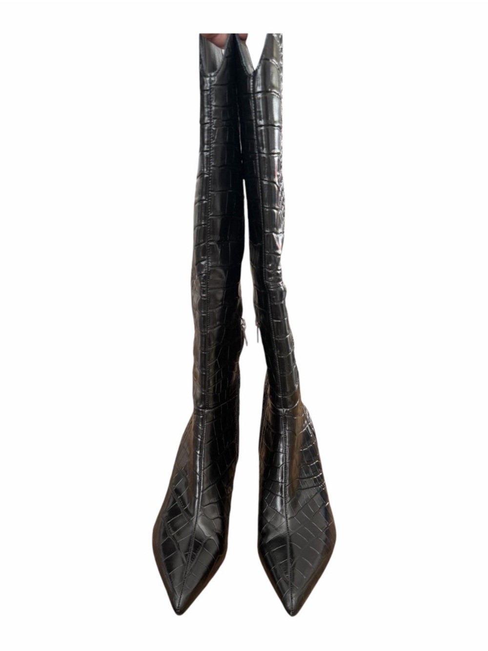 Marc Fisher Black Croc-Embossed Leather Pointed Boots - Picture 5 of 9